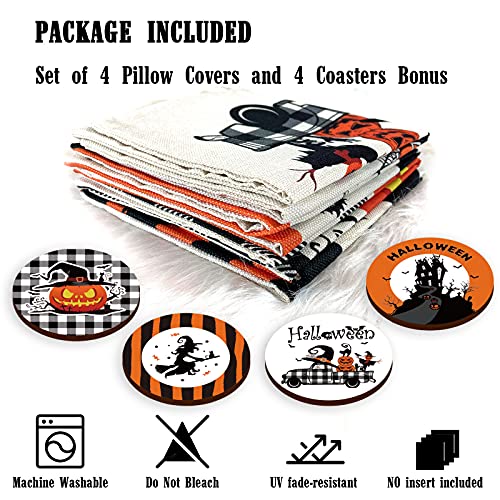 Creatrill Halloween Spooky Pillow Cover 18 X 18 Set Of 4 With 4 Bonus Coasters, Buffalo Check Pumpkin Scarecrow Truck Witch Castle Decorative Pillow Covers For Farmhouse Rustic Halloween Decor Indoor #TOP3