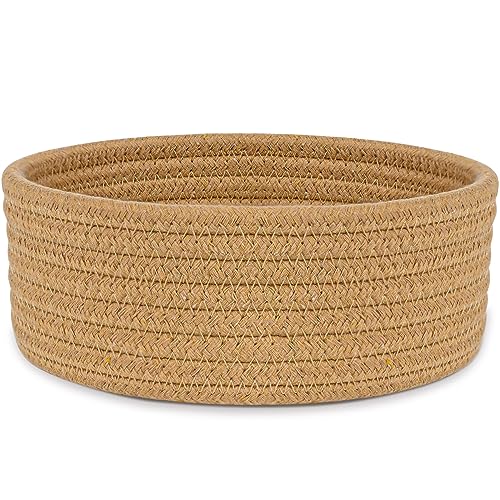 Image of ABenkle Small Woven Basket, Empty Tiny Shallow Storage Basket, Mini Cotton Rope Baskets, Round Decorative Hamper, Basket Storage Bins for Toys, Spa, Socks, Nursery, Living Room- Brown