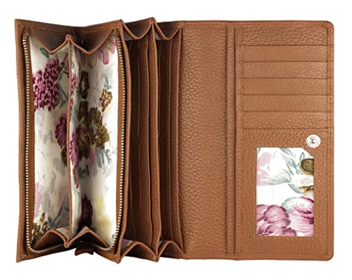 Image of Women's Top Grain Leather Wallet, RFID Blocking Bifold clutch, 17 Card Slots, Zip Pocket Organizer, Elegant Gift for Women - Birthday, Valentine, Anniversary - Pebble Cognac