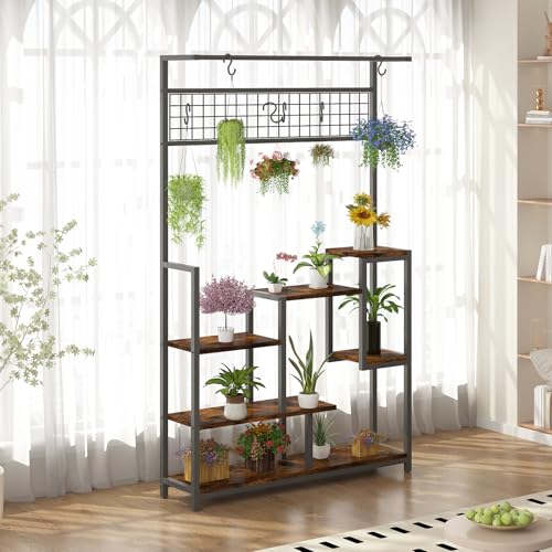GarveeTech 7-stufiges hohes Metall-Pflanzenregal mit integrierter Pflanzenlampe – robustes Blumen- und Bonsai-Podest mit Haken für Innenbereich, Balkon oder Wohnzimmer – multifunktionales Display-Rack