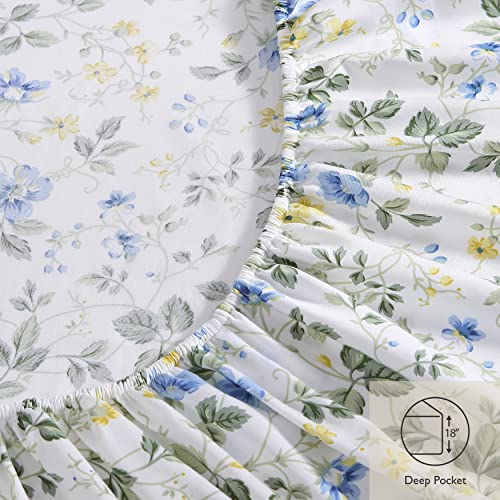 Image of Laura Ashley - Queen Sheet Set, Buttery-Soft Bed Sheets with a Naturally Silky Smooth Cotton Sateen Lightweight Feel - Matching Pillowcases & Fitted Sheet (Meadow Floral Blue)