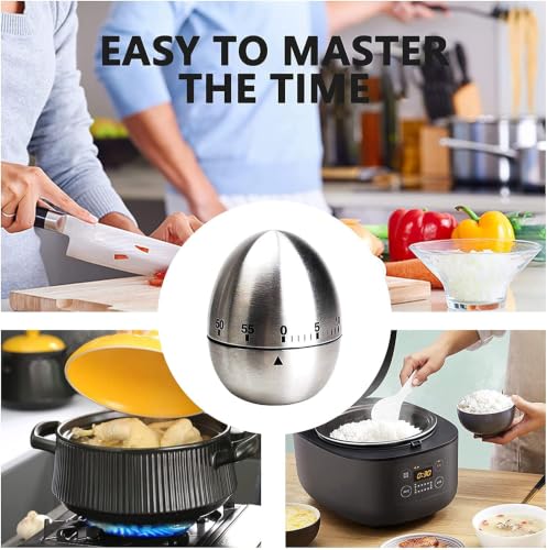 Image of Stainless Steel Egg Kitchen Timer | 60-Minute Mechanical Countdown Timer with Loud Alarm | Egg-Shaped Rotating Manual Timer for Cooking, Baking, Study & Pomodoro (Brushed Silver)
