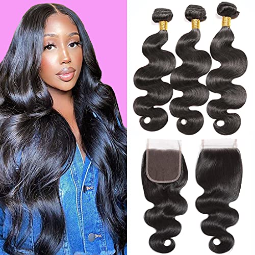Body Wave Human Hair Bundles with Closure (20 22 24+18 Inch) Brazilian Body Wave Bundles 9A Virgin Human Hair Bundles 100% Unprocessed Weave Hair Bundles with 4×4 Lace Closure Free Part Natural Color