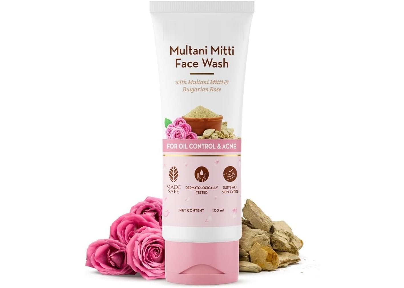 DK Multani Mitti Detergente per il viso con Multani Mitti & Rosa Bulgara per il controllo dell'olio e l'acne, 100 ml, adatto a tutti i tipi di pelle, idratante e delicato, senza parabeni, senza