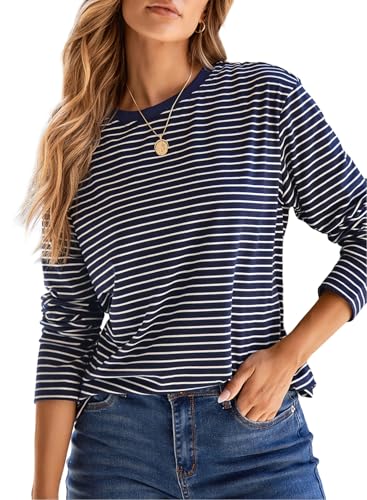 Dokotoo Striped Long Sleeve Shirts for Women Crewneck Color Block Basic Tee Tops Cute Comfy Casual Ladies Clothes Womens Fall Fashion 2025 Blue Stripe Large