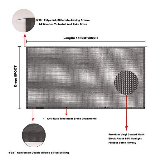 Tentproinc Rv Awning Sun Shade Screen 8' X 15' 3'' - Brown Mesh Sunshade Uv Blocker Complete Kits Motorhome Camping Trailer Canopy Shelter - 3 Years Limited Warranty #TOP5