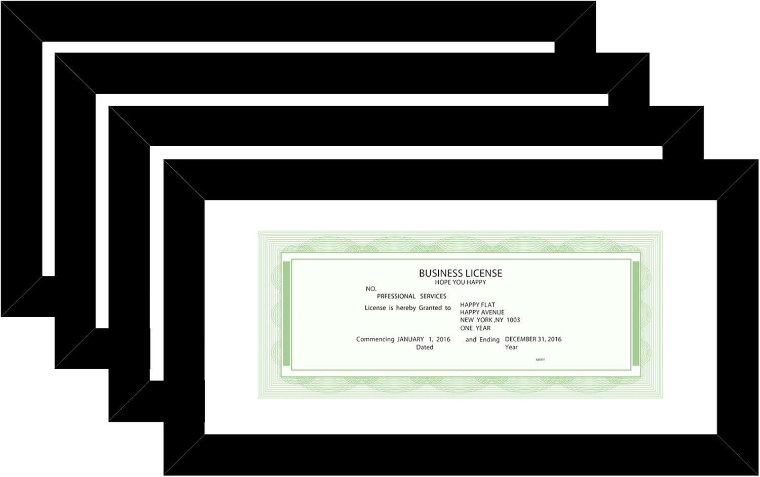 JCJMY 5x10 Business License Frame Set of 4 Black for 3.5x8 Standard Business License with Mat or 5x10 Picture without Mat, 5 x 10 Frame with Shatter Resistant Plexiglass for Wall Hanging or Tabletop