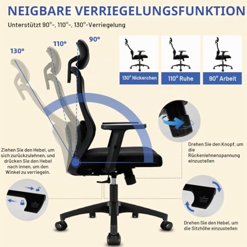 Milacyee Bürostuhl, Bürostuhl Ergonomisch, Schreibtischstuhl Bequemer, Höhenverstellung...