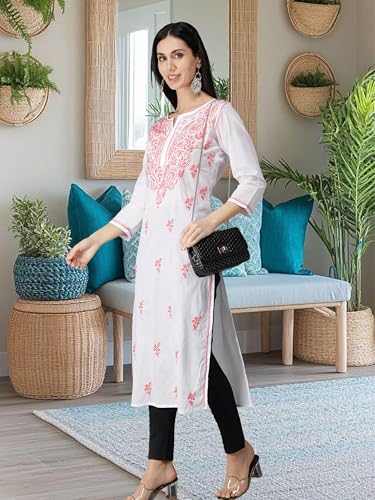 Image of Seva Chikan Hand Embroidered Lucknowi Chikankari Regular Straight Cotton Kurta Kurti for Women SCL4243