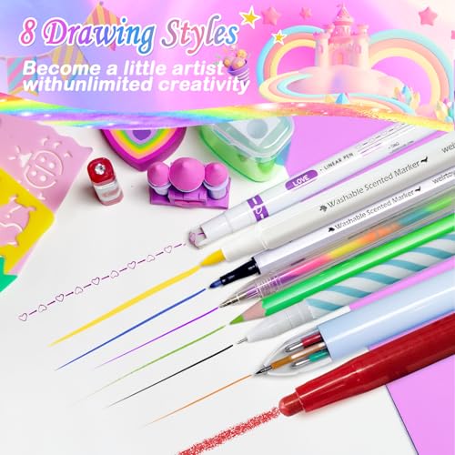 Image of weirtoya 53 PCS Washable Scented Markers Set with Glitter Pencil Case, Mermaid Unicorn Arts and Crafts for kids 4-6-8 Kids Coloring Drawing Kits for 4-8 Years Old Girls Birthday Gifts