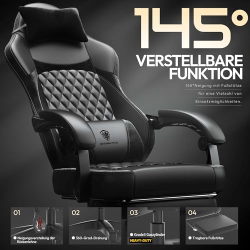 Sedia da gaming, ergonomica, in pelle PU, con supporto lombare, funzione massaggio e schienale largo, portata fino a 150 kg, colore: nero - Sedia gaming - Immagine 6