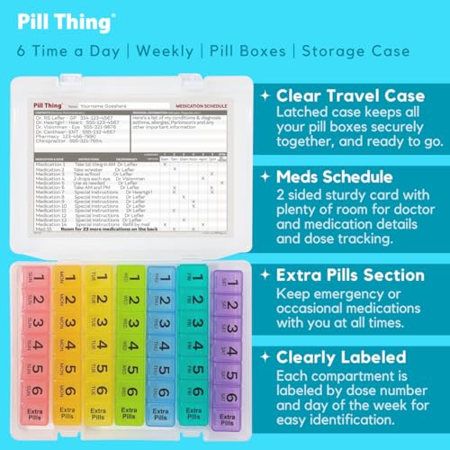 Image of 6 Times a Day Weekly Pill Box Organizer Case, Secure 7X Pillbox with Medication Schedule (6 Time-a-Day)