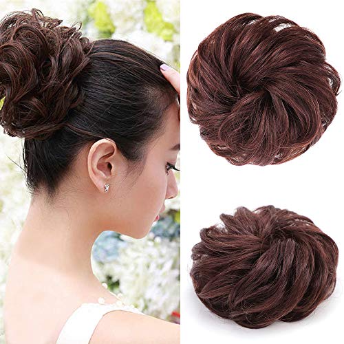 2Pcs 100% Human Hair Bun Extensions Curly Wavy Messy Hair Scrunchies Pieces Wedding Hair Pieces for Women Kids Hair Updo Donut Chignons(Dark Brown)