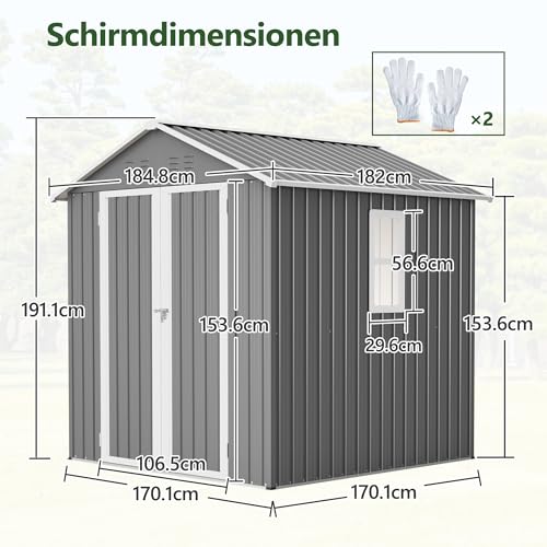 Thanaddo Metall Gerätehaus Gartenhaus 185x182x191cm, Geräteschuppen mit Fenster & Satteldach, wetterfest Gartenschuppen Inkl. Metallfundament (ohne Boden) für Outdoor Garten Terrasse, Grau