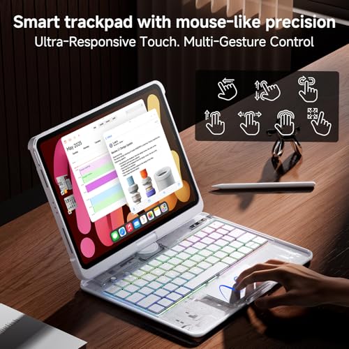 Image of Clear Wireless Keyboard Case for iPad mini 7 A17 Pro (2024) / Mini 6 (2021) 8.3 inch w /Multi-Touch Trackpad, 7-Color Backlit, Pen Holder, 360 Rotating Case for iPad mini 7th /6th Generation,White