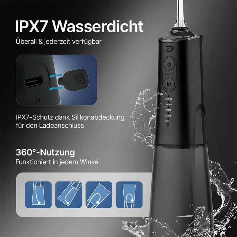 Oryzom Kabellose Munddusche für optimale Zahn- & Mundpflege / 5 Modi & 4 Düsen / 300 ml Wassertank / IPX7 Wasserdicht/Munddusche für Zahnfleisch(Weiß)