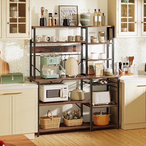 Image of SUPERJARE Larger Bakers Rack with Power Outlets, 6-Tier Microwave Stand, Coffee Bar with 12 S-Shaped Hooks, Kitchen Shelf with Wire Basket, 47.2 x 15.5X 66.9 Inches, Rustic Brown
