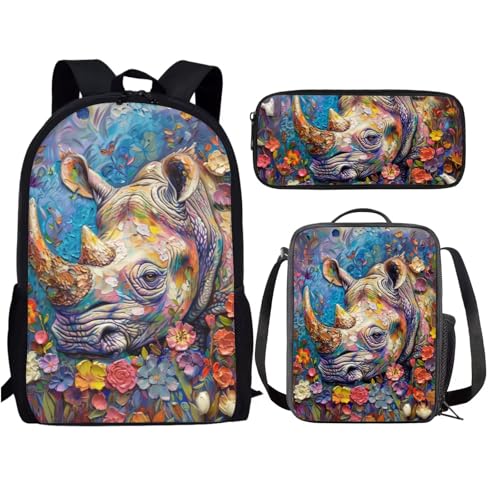 Sac à dos pour enfants rhinocéros mignon avec sac repas et trousse
