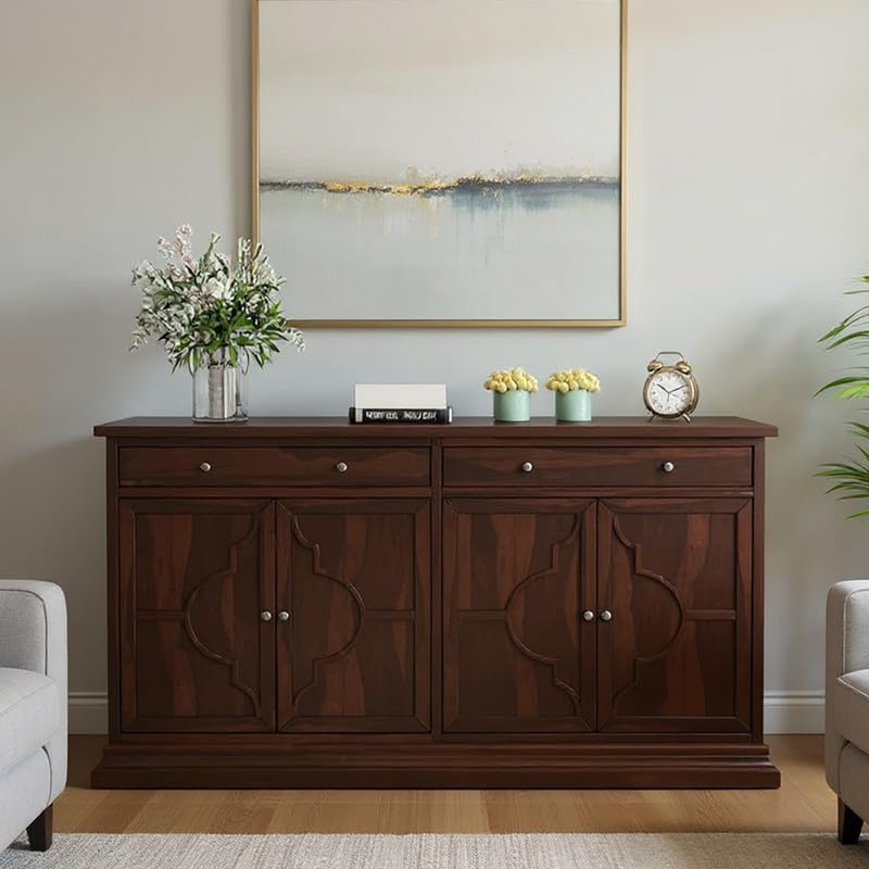 Image of SHIKHA WOOD CRAFT Solid Sheesham Wood Sideboard Cabinet with 4 Doors and 2 Drawers Storage | Wooden Kitchen Cabinet, Crockery Unit, Dining Room Organizer, Living Room Storage Furniture (Walnut Finish)