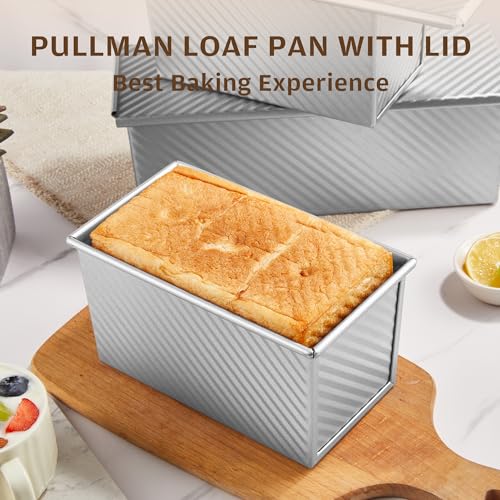 Image of KITESSENSU Pullman Loaf Pan with Lid, 1 lb Dough Capacity Non-Stick Bakeware for Baking Bread, Carbon Steel Corrugated Bread Toast Box Mold with Cover for Baking Bread, Silver