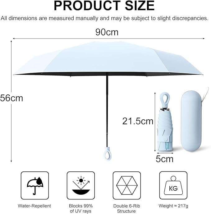 Image of Mini Umbrella with Case for Men & Women (Manual Open) Compact Travelling Pocket Umbrella, Polyester & UV Protect Fabric for Summer /Anti-Slip Handle- Use in Rain & Summer