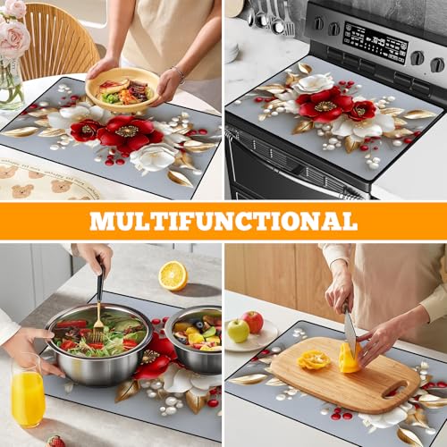 Image of Multi-Design Stove Cover for Glass /Electric Stoves - 3-in-1 Heat-Resistant Protector Mat, Non-Slip Drying Rack 28 inchx20 inch (3D Flowers)