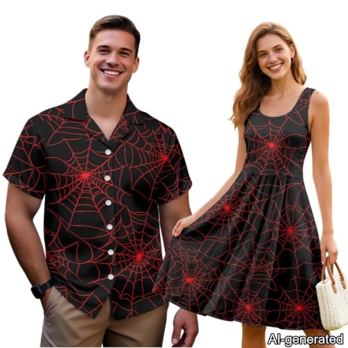 Image of Dreaweet Summer Dresses for Women A-Line Sleeveless Flowy Sun Dresses,Men's Casual Button-Down Shirts,Couple Matching Outfits