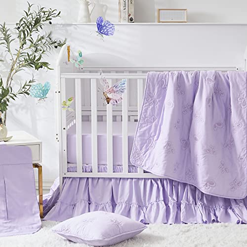 Brandream Crib Bedding Set For Girls Purple Baby Nursery Bedding Sets - 3 Pieces Crib Quilt Fitted Crib Sheet Dust Ruffle Soft Embroidery Butterfly Baby Bedding Set #TOP1