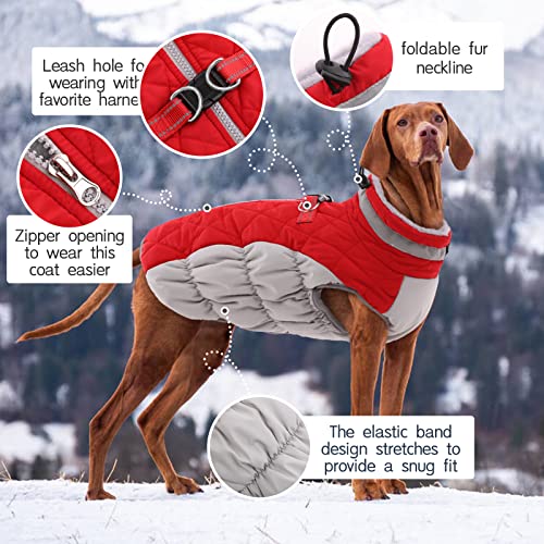 Kuoser Hundejacke Wintermantel für Mittelgroße Hunde - Wasserdichte Winterweste Mit Geschirr - Warme Jacke Hundepullover Haustier Skifahren Kostüm Rot, L