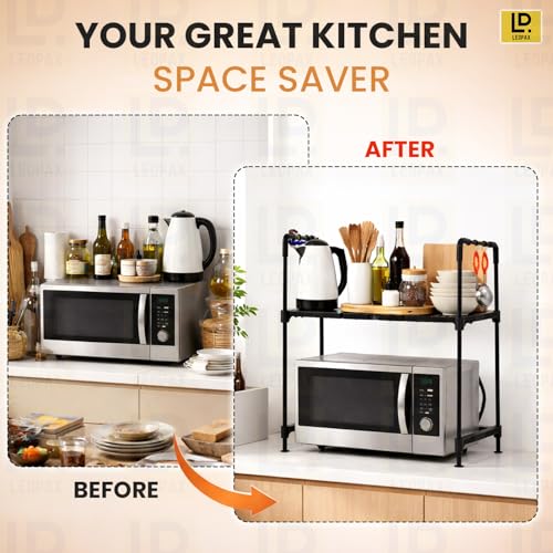Image of LEOPAX Adjustable Premium Multi-Tier Oven Stand for Kitchen with Storage Cabinet | Heavy Duty Microwave Rack Organizer for Oven, Microwave & Small Appliances - Black