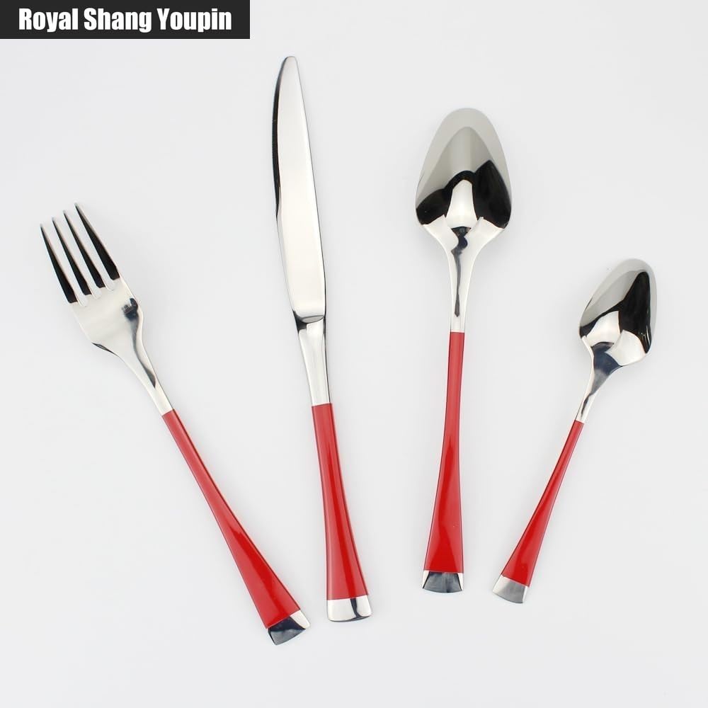 Manico Raffinato Cucina Acciaio Inossidabile Posate Stoviglie Posate Coltelli Forchette Cucchiai Set Coltello Da Bistecca Per La Casa Cucchiaio Da Dessert (Argento rosso,16 pezzi)