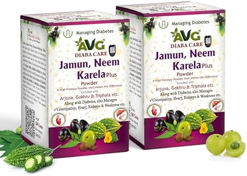 AVG Health Organics Diaba Care Karela Jamun Neem Powder 200gm each, Pack of 2 Diabetes Care Ayurvedic Supplement with Arjuna, Gokhru & Triphala, Helps in Relieving Constipation