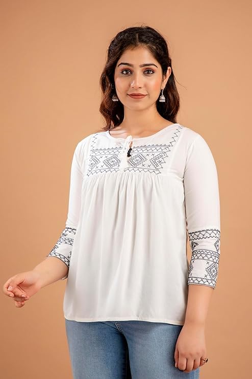 Image of Avayayat Short Kurti for Women | Embroidered Straight Rayon Kurta | Round Neck Full Sleeves Short Kurti for Women's