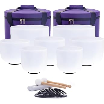 Hye-eun 7-12 Inch Crystal Singing Bowls Set of 7 White Quartz Singing Bowl for Sound Healing with 2 Carry Bags