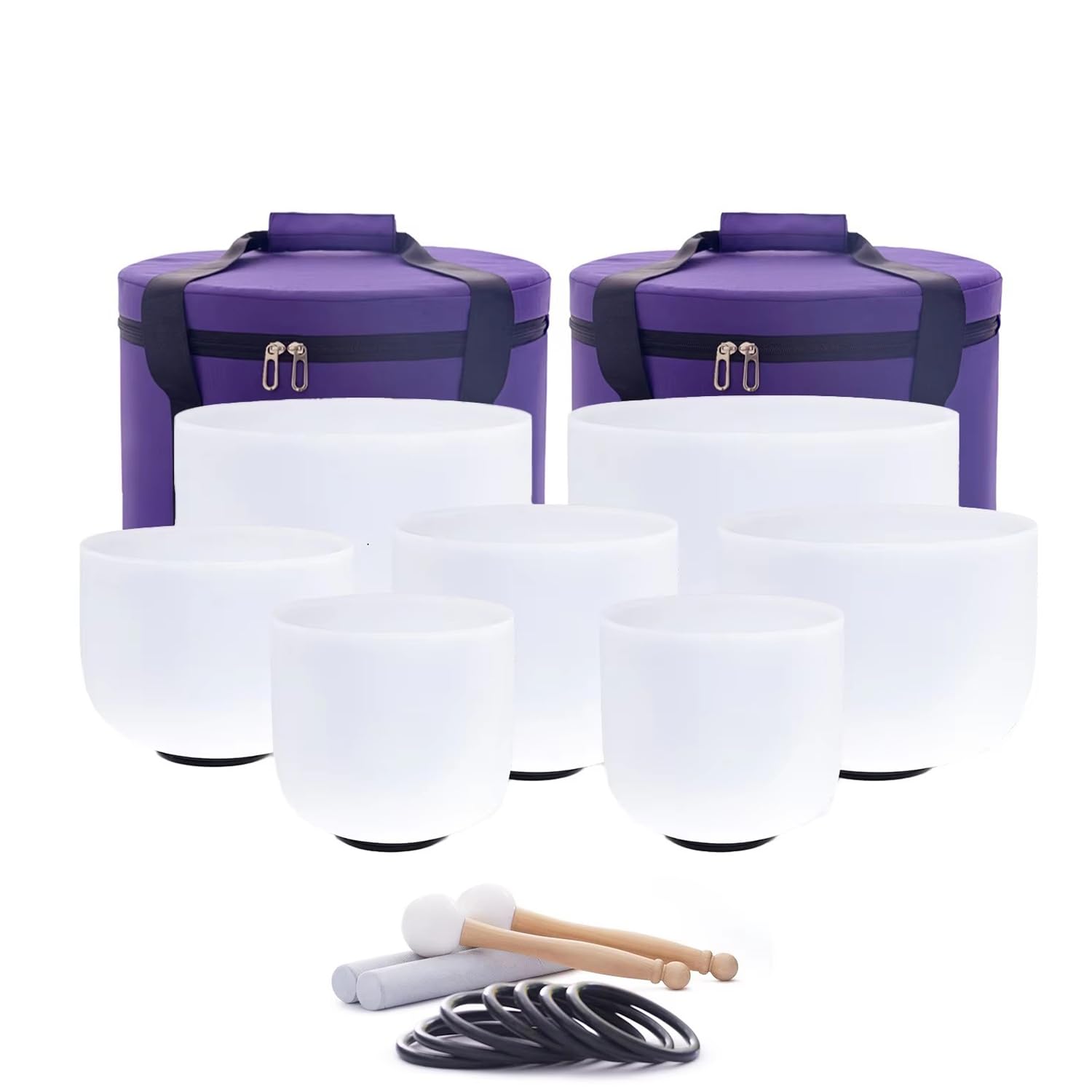 Hye-eun Kristall-Klangschalen-Set 17,8-30,5 cm, 7 Stück, Weiß Quarz Klangschale für Klangheilung, mit 2 Tragetaschen