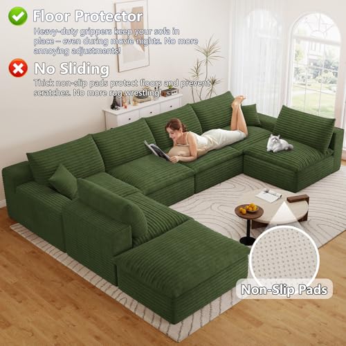 Image of 136 inch Cloud Couch Modular Sectional Sofa for Living Room, U-Shape Boneless Couch with Deep Seat, Modern Corduroy 6-Seater with Ottoman, No Assembly Required, Green