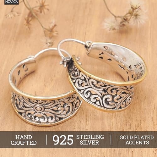 NOVICA Artisan Handmade Gold Accented Sterling Silver Hoop Earrings from Bali Indonesia [1 in L x 0.4 in W x 0.9 in D] ' Between Sunlight'2