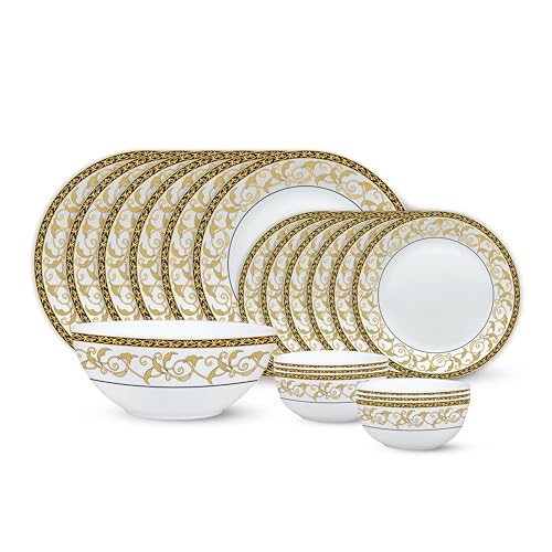 Image of Larah by Borosil Royale Kohinoor Series Opalware Dinner Set | 19 Pcs for Family of 6 | Microwave & Dishwasher Safe | Bone-Ash Free | Crockery Set for Dining & Gifting | Plates & Bowls | White