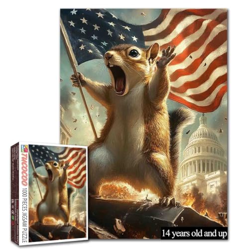 Rompecabezas de 1000 piezas con tema patriótico: Ardilla y bandera estadounidense, diseño de libertad y Capitolio, 27x20 pulgadas (50x70 cm), rompecabezas artístico premium para adultos miniatura 1
