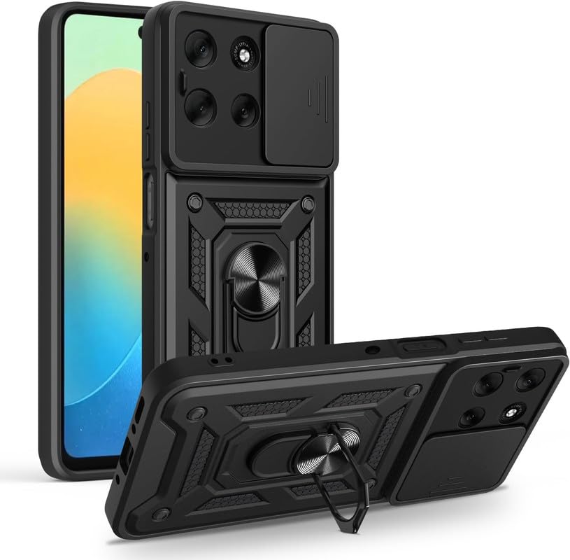 SkyTree Robotic Sliding Camera Window Shock Proof Thunder Case, Dual Layer Hybrid Shockproof Back Cover Case with Kickstand for Motorola Moto G56 5G – Black