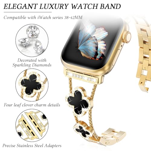 Image of ZORBES Bling Diamond Band Compatible with Apple Watch Bands for Women 40mm 41mm 38mm 42mm Series 11 10 9 8 7 6 5 4 SE 3 2 1, Sparkle Metal Bracelet Wristband, Cute Lucky Clover Dressy for iWatch Band
