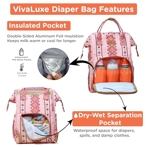 Image of Motherly Patented Diaper Bag Backpack for Moms | Waterproof Baby Travel & Maternity Bag | Spacious Nappy Bag with Multiple Compartments, Insulated Bottle Pockets & Warranty (VivaLuxe Series, Pink)
