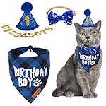 ADOGGYGO Cat Birthday Party Supplies, Birthday Boy Plaid Kitten Bandana, Blue Cat Party Hat with Numbers, Bowtie (Blue)