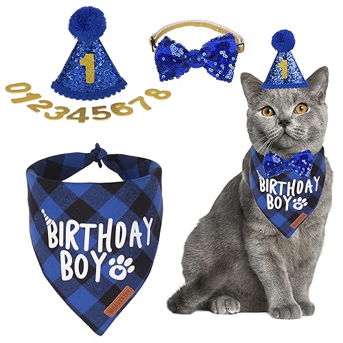 ADOGGYGO Cat Birthday Party Supplies, Birthday Boy Plaid Kitten Bandana, Blue Cat Party Hat with Numbers, Bowtie (Blue)