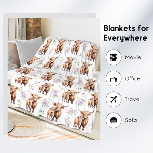 Highland Cow Blanket for Girls, Cozy Soft Throw Gifts, Cute White Flannel Throw Blankets for Couch Office, 40x50 Inches