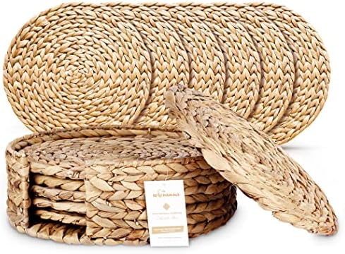 Wovanna Woven Placemats for Dining Table - Set of 6 Adorable Thick Rustic Round Kitchen Placemats with Decorative Round Holder – All Natural Wicker Tablemats Hand-Braided from Water Hyacinth, 11.8"