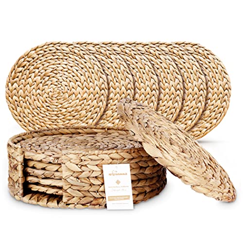 Wovanna Woven Placemats For Dining Table - Set Of 6 Adorable Thick Rustic Round Kitchen Placemats With Decorative Round Holder – All Natural Wicker Tablemats Hand-Braided From Water Hyacinth, 11.8" #TOP14