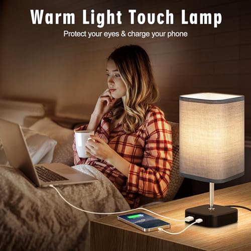 Bedside Lamps Set of 2 - Touch Lamps with USB-C+A Charging Ports, 3-Way Dimmable Table Lamp for Bedroom Living Room with Grey Fabric Shade (Bulbs Included)