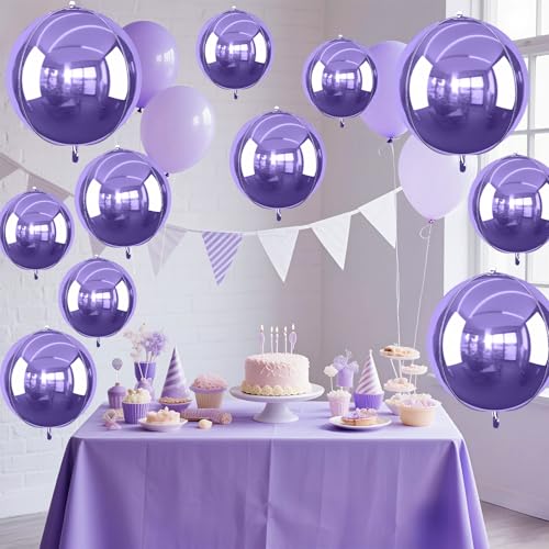 Image of 12PCS Light Purple Round Foil Balloons 22 inch 15 inch 10 inch Large Mylar Balloons | Shiny Purple 4D Ball Balloons for Birthday Party, Graduation, Wedding, Christmas, New Year, Disco Prom Party Decorations