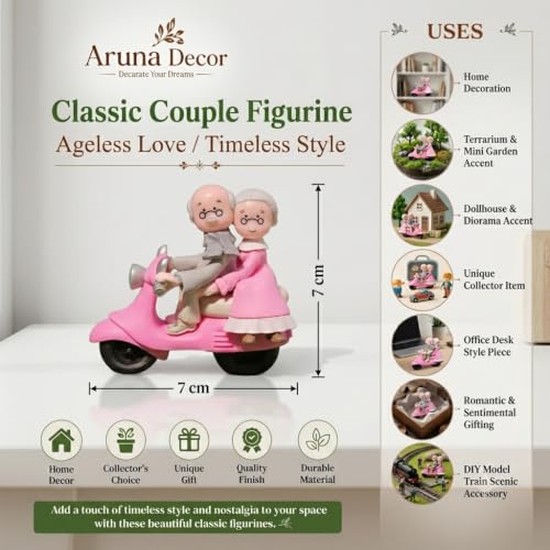 Image of Vintage Decorative Miniature Couple on Scooter Figurine, PVC Garden Ornament, Romantic Home Decor Collection Piece